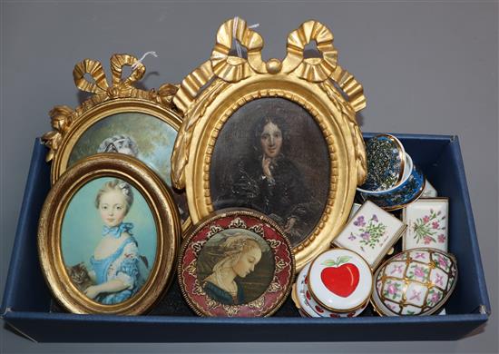 Four miniatures and six enamel boxes